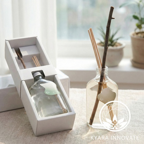 KYARA INNOVATE 擴香瓶內的透明液體中插入兩根擴香竹，旁邊還有一個裝有擴香竹的白色禮盒，禮盒內是另一個透明擴香瓶，瓶身上貼有綠色標籤。