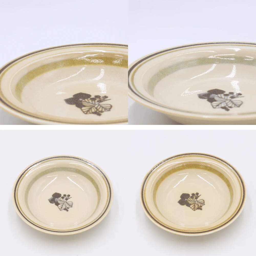 Anyware 美濃燒葉紋復古溫潤主食盤，米白色陶瓷材質，盤內有深棕色葉紋圖案，盤緣飾有兩圈不同寬度的深棕色及淺綠色線條。