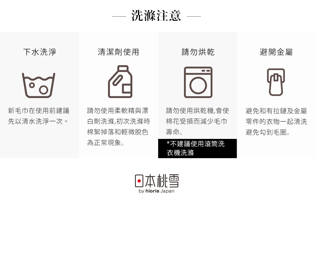 洗滌注意事項：下水洗淨、清潔劑使用、請勿烘乾、避開金屬。新毛巾建議先以清水洗淨一次。請勿使用柔軟精與漂白劑洗滌，初次洗滌時棉絮掉落及輕微脫色為正常現象。不建議使用滾筒洗衣機洗滌。