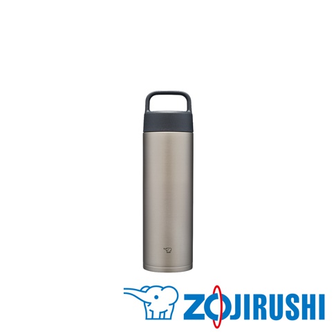 0.6L不鏽鋼真空保溫杯，配有可提式吊環，杯蓋為深灰色，杯身為銀色不鏽鋼材質，底部有象印Logo。