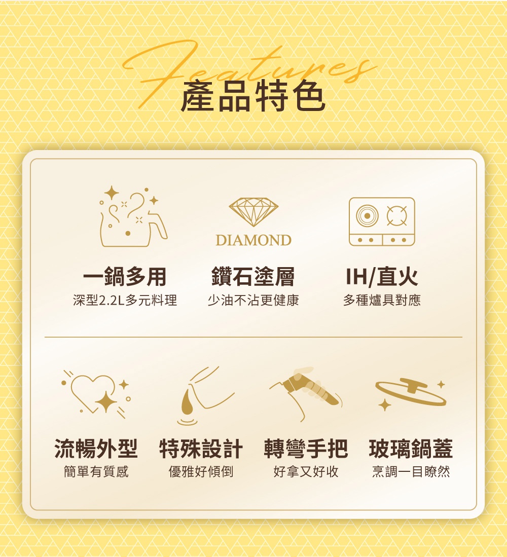 鑽石不沾單柄小湯鍋 MCP-14 產品特色圖，展示一鍋多用、鑽石塗層、IH/直火適用、流暢外型、特殊設計及轉彎把手、玻璃鍋蓋等功能。