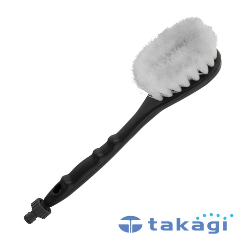 黑色手柄帶有白色刷毛的洗車刷，刷柄末端有接水頭，右下角有takagi品牌標誌