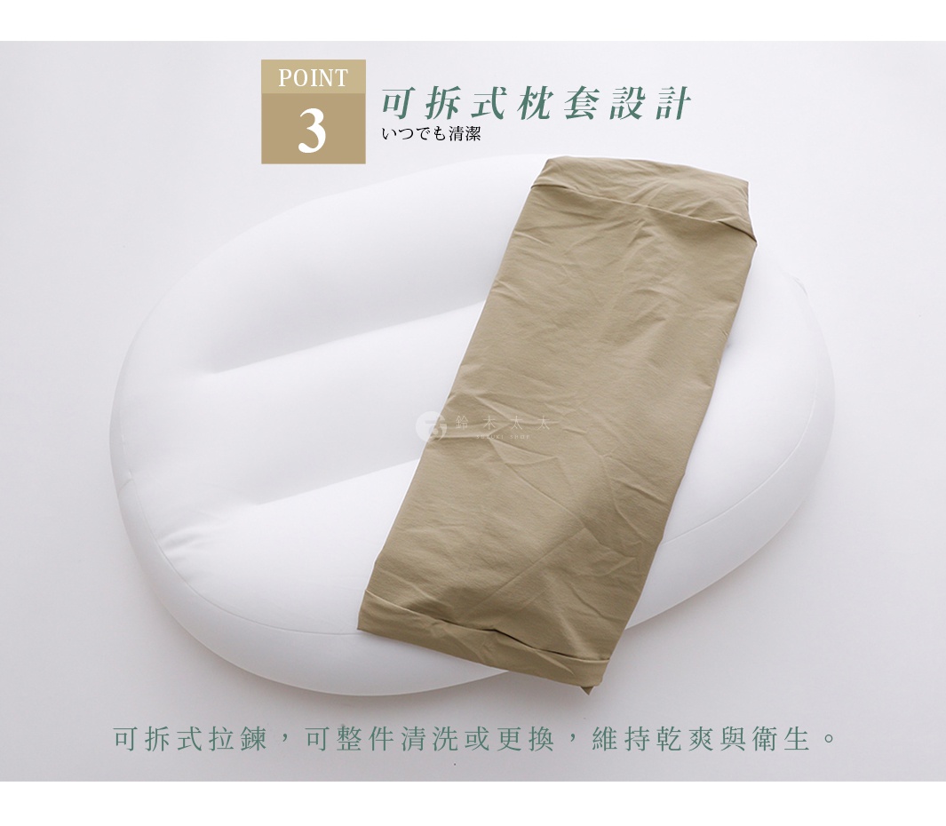 可拆式枕套設計，方便整件清洗或更換，維持乾爽與衛生