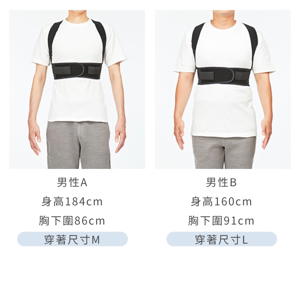 兩名男性穿著白色T恤和灰色運動長褲，分別展示BX Fit美姿調整背帶。背帶為黑色，由彈性布料製成，設計有肩帶和腰帶。
