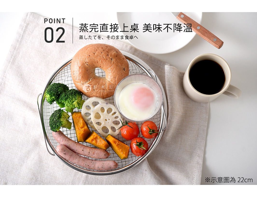 不鏽鋼圓形蒸網架上擺放著剛蒸好的豐富早餐，包含貝果、水煮蛋、綠花椰菜、蓮藕、南瓜、小香腸與小番茄，蒸網放置在鋪著亞麻色餐巾的桌面上，旁側有一杯咖啡與白色餐盤，畫面展示出將蒸好的料理直接端上餐桌的便利性。