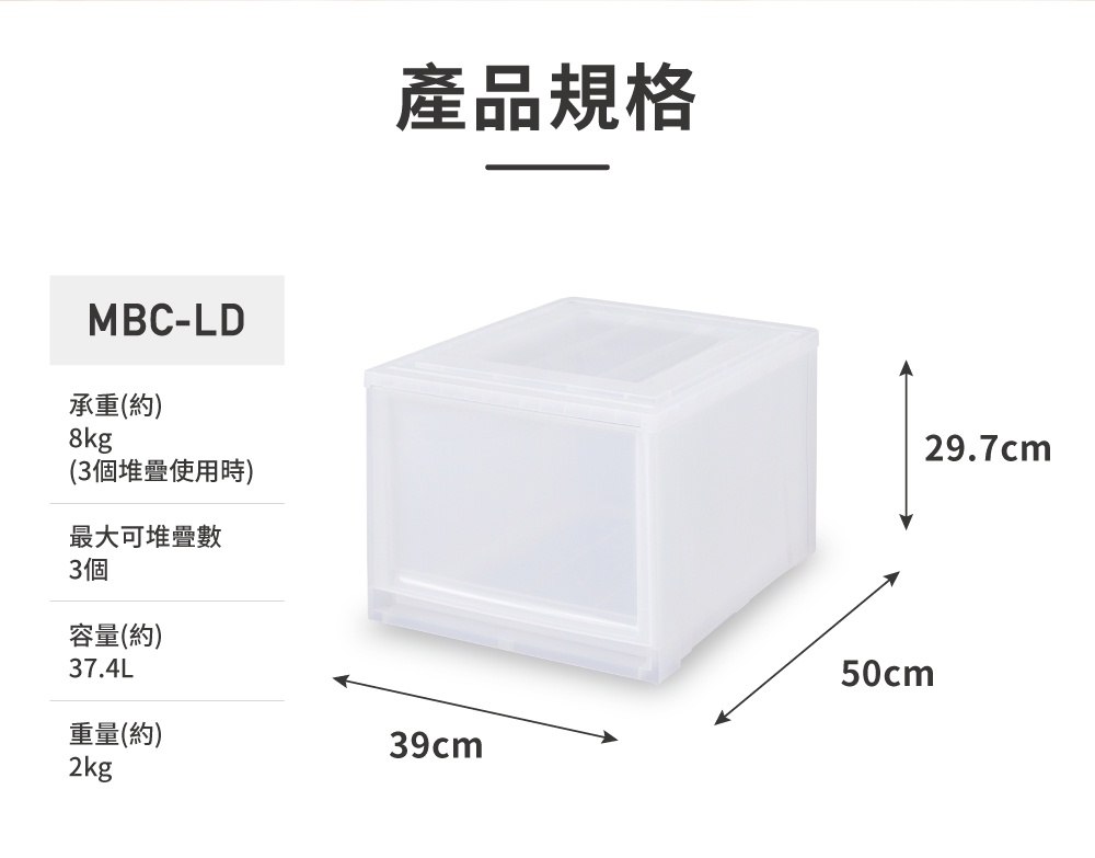 圖片文字：產品規格 MBC-LD 承重(約) 8kg (3個堆疊使用時) 最大可堆疊數 3個 容量(約) 37.4L 重量(約) 2kg 39cm 29.7cm 50cm