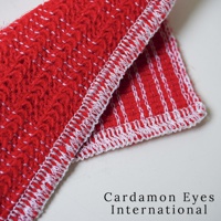 一塊鮮紅色的壓克力纖維清潔巾，帶有白色縫邊，表面織有條紋和鋸齒狀圖案，材質柔軟。