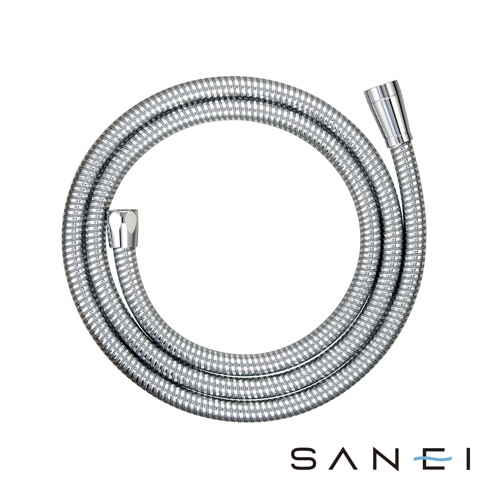 三榮白金級通用蓮蓬頭軟管，銀色金屬材質，捲曲呈現圓形