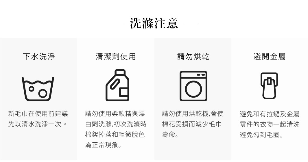 四格圖示：水盆內有水滴，表示可手洗；清潔劑瓶子，指示使用柔順劑；洗衣機圖示，說明請勿烘乾；帶有拉鍊的衣物，提醒避開金屬。