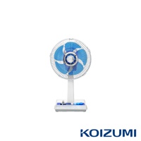 白色復古桌上型電風扇，配備藍色扇葉和銀色護網，底座為白色，帶有藍色和銀色的按鈕控制面板。