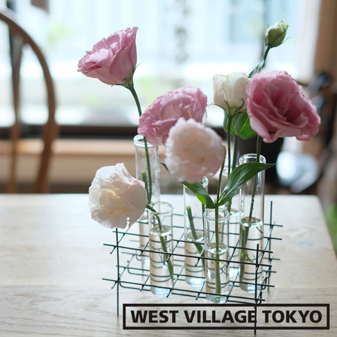 多格一輪玻璃花器，由黑色金屬網格支架支撐著六個獨立的玻璃試管，每個試管中插有粉色和白色陸蓮花。