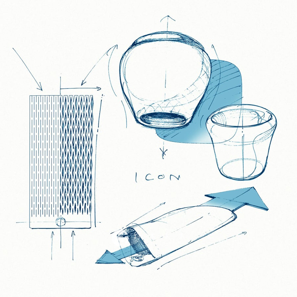 由FABRIK設計的皮革隨形貼合伸縮小包草圖，包含多個不同角度的設計視圖，並附有「ICON」字樣。