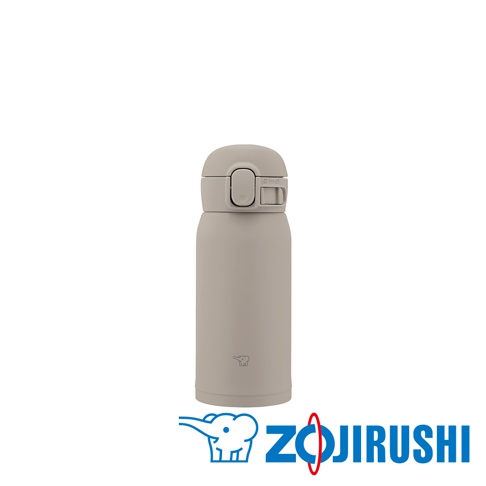 灰色不鏽鋼一體式中栓彈蓋式真空保溫保冷杯，容量0.36L，帶有象印標誌。