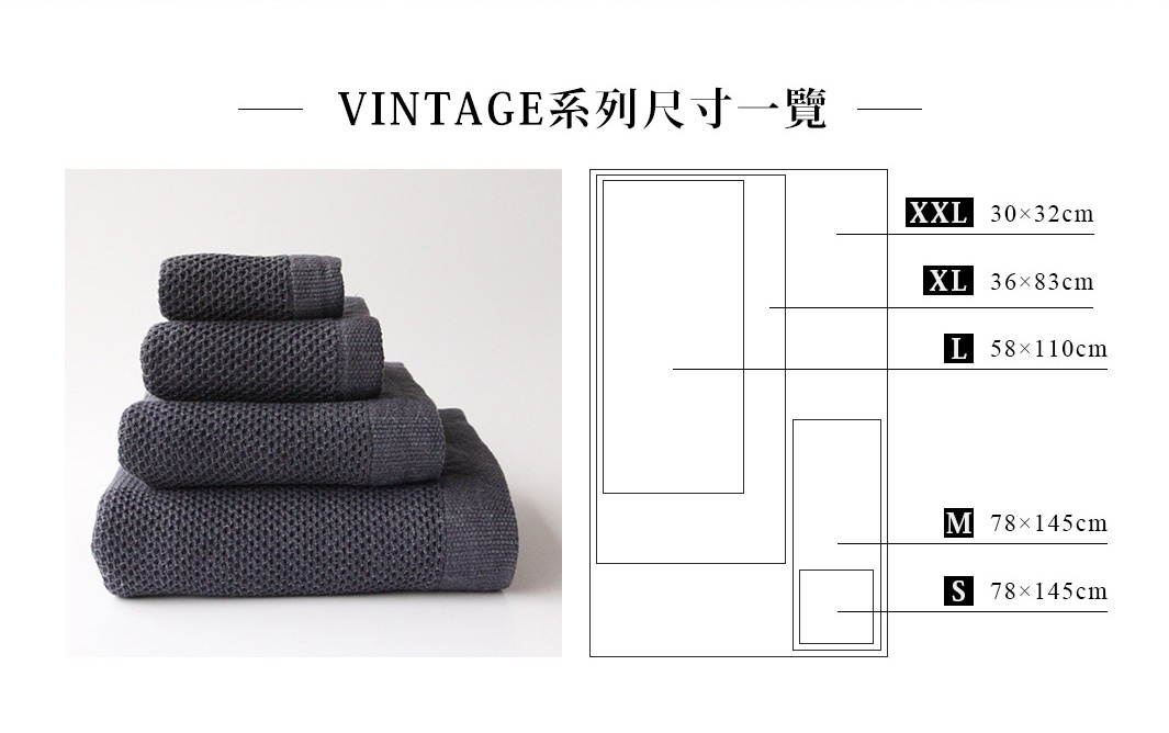 VINTAGE系列尺寸一覽，包含XXL 30x32cm、XL 36x83cm、L 58x110cm、M 78x145cm、S 78x145cm，搭配堆疊的灰色毛巾組示意圖。