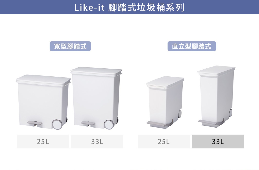 Like-it 腳踏式垃圾桶系列，展示了寬型和直立型兩種設計，各有 25L 和 33L 的容量選擇。