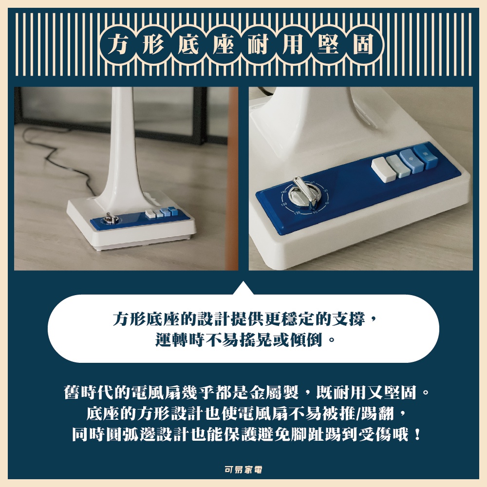 復古風藍白配色電風扇，底部為方形白色底座，配有藍色面板，上面有銀色旋鈕和三個藍色按鈕。