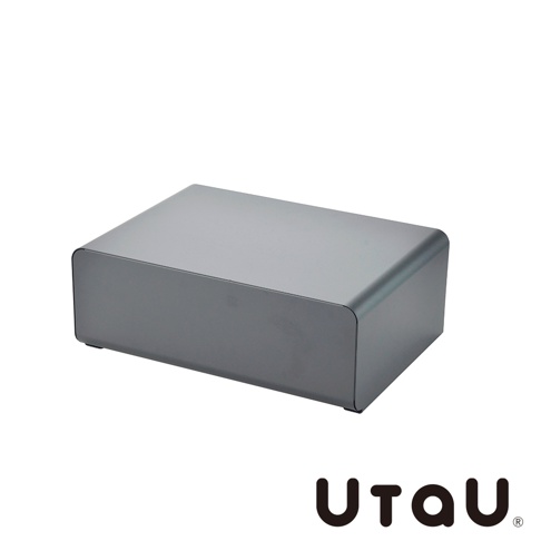 灰色金屬材質的抽屜式收納整理櫃，方形帶圓角設計，簡潔現代，適合桌面或抽屜內使用。