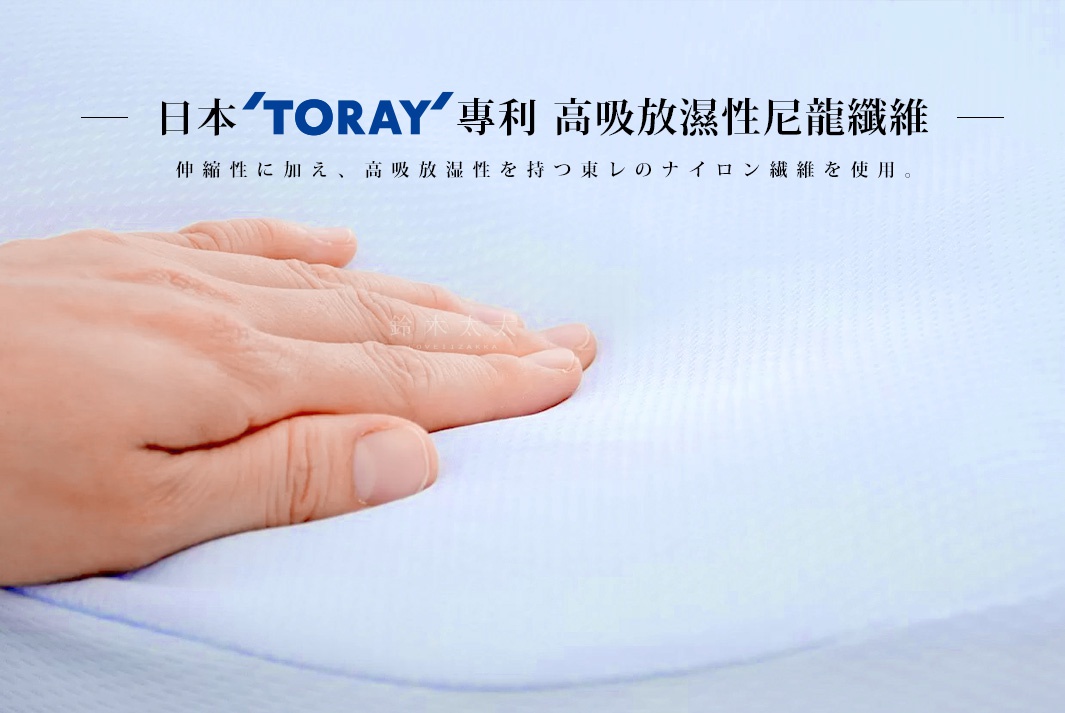 手部輕壓白色紋理枕套，展現Toray專利高吸放濕性尼龍纖維的柔軟與彈性。