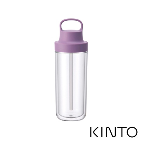 TO GO BOTTLE 雙層隨手瓶480ml，透明瓶身，附有紫色提蓋及吸管。