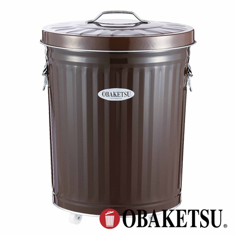 OBAKETSU 品牌棕色附輪金屬垃圾桶，側面有品牌標誌。