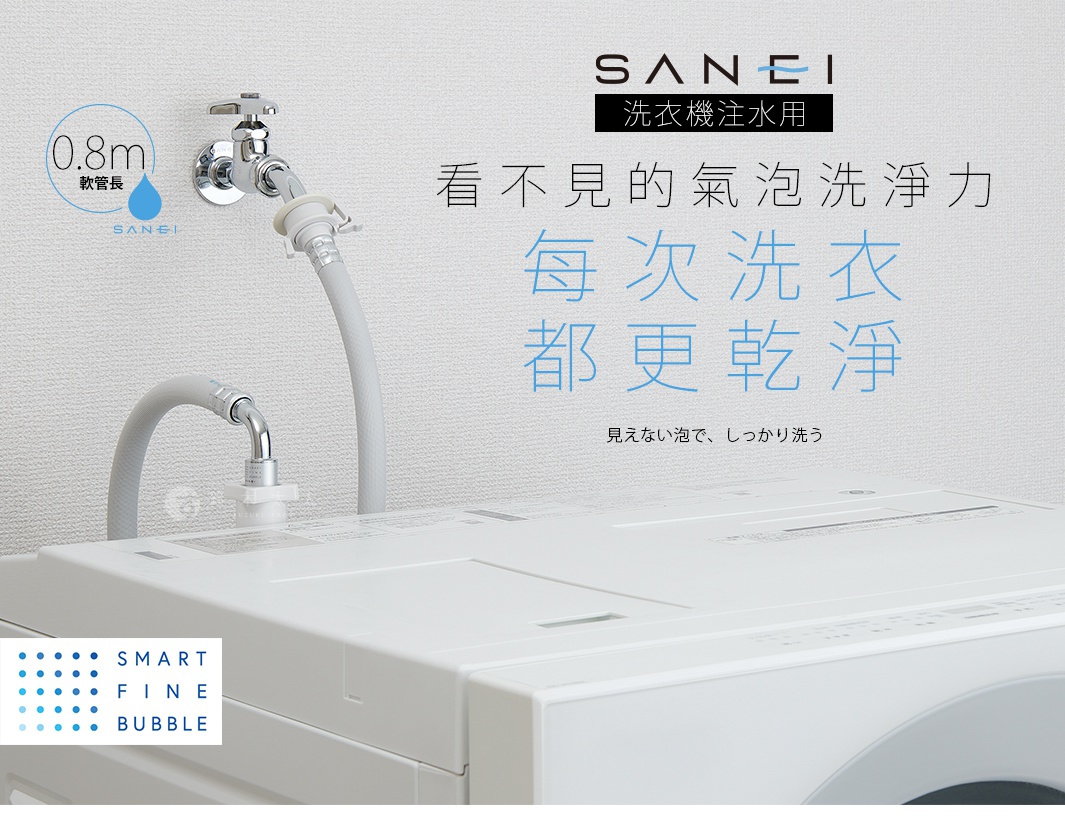 一張安裝於牆面水龍頭與洗衣機之間的白色連接軟管示意圖，軟管標示長度為零點八公尺，上方印有三榮品牌標誌與看不見的氣泡洗淨力以及每次洗衣都更乾淨的宣傳字樣，整體呈現簡約的居家衛浴安裝風格。