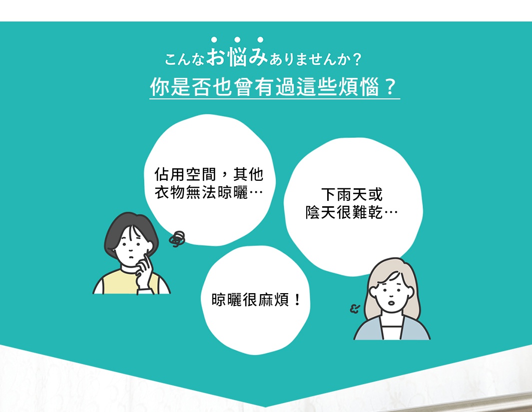 你是否也曾有過這些煩惱？
佔用空間，其他衣物無法晾曬…
下雨天或陰天很難乾…
晾曬很麻煩！
