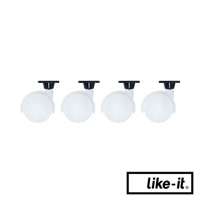 四個白色塑膠洗衣籃專用輪，每個輪子皆有黑色固定座和T型旋鈕。