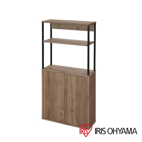鐵木櫥櫃 IWKC-590，木紋色，黑色鐵架，兩門設計，上方有兩層層架。