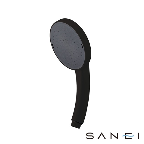 黑色超大花灑淋浴蓮蓬頭，具有圓潤的黑色外殼，以及深灰色帶有多個噴孔的面板。