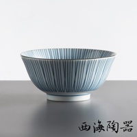 波佐見燒職人手繪系列五件式粥碗，以藍色細線條紋裝飾，碗身呈弧形，底部有白色底座，材質為陶瓷。