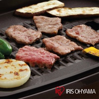 黑色烤網風電烤盤 APA-136 上烤著數片牛肉、烤茄子、烤洋蔥、烤櫛瓜和烤南瓜。