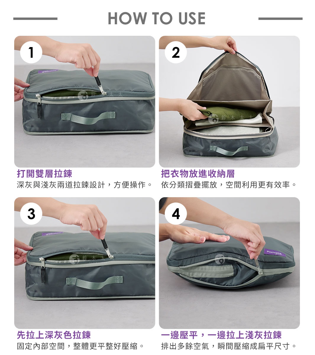 使用方法
① 打開雙層拉鍊
 深灰與淺灰兩道拉鍊設計，方便操作。
② 把衣物放進收納層
 依分類摺疊擺放，空間利用更有效率。
③ 先拉上深灰色拉鍊
 固定內部空間，整體更平整好壓縮。
④ 一邊壓平，一邊拉上淺灰拉鍊
 排出多餘空氣，瞬間壓縮成扁平尺寸。
