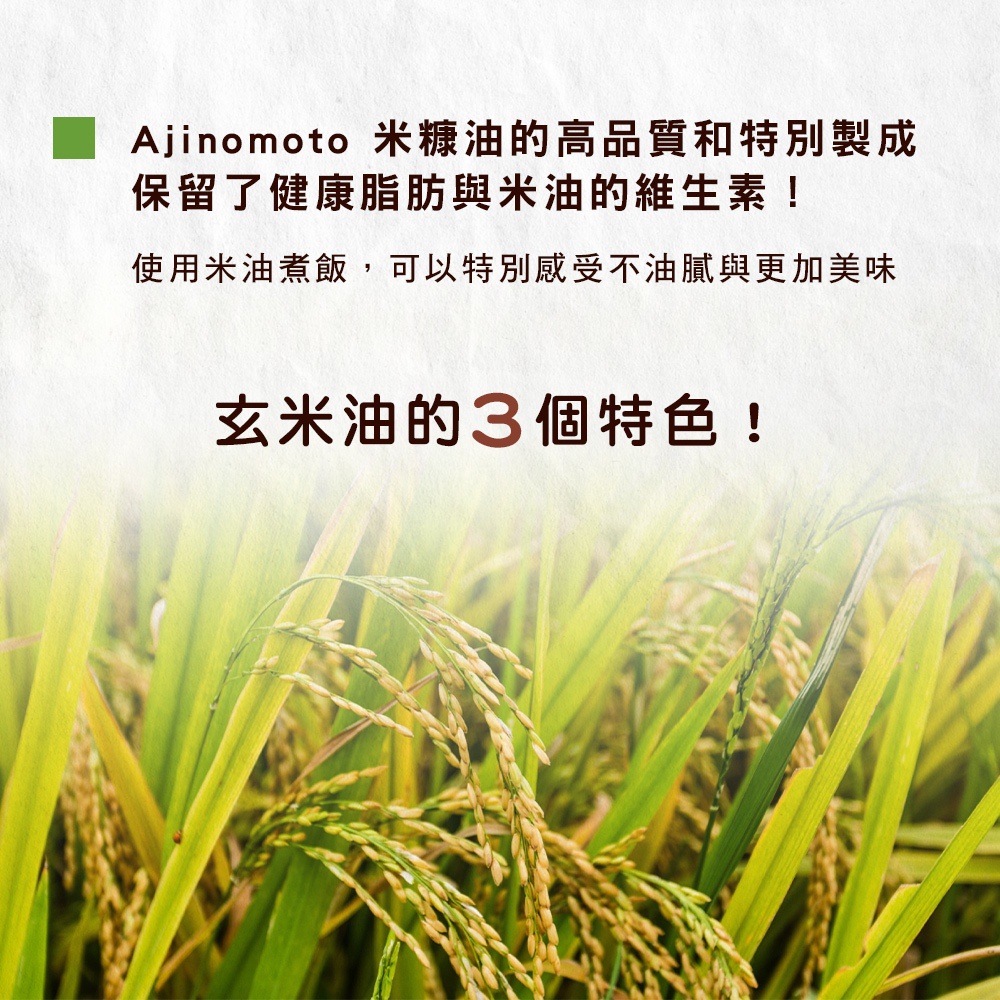 近距離的稻穗，葉片和稻穗呈現綠色與金黃色，背景模糊。上方有文字介紹米糠油的特點。