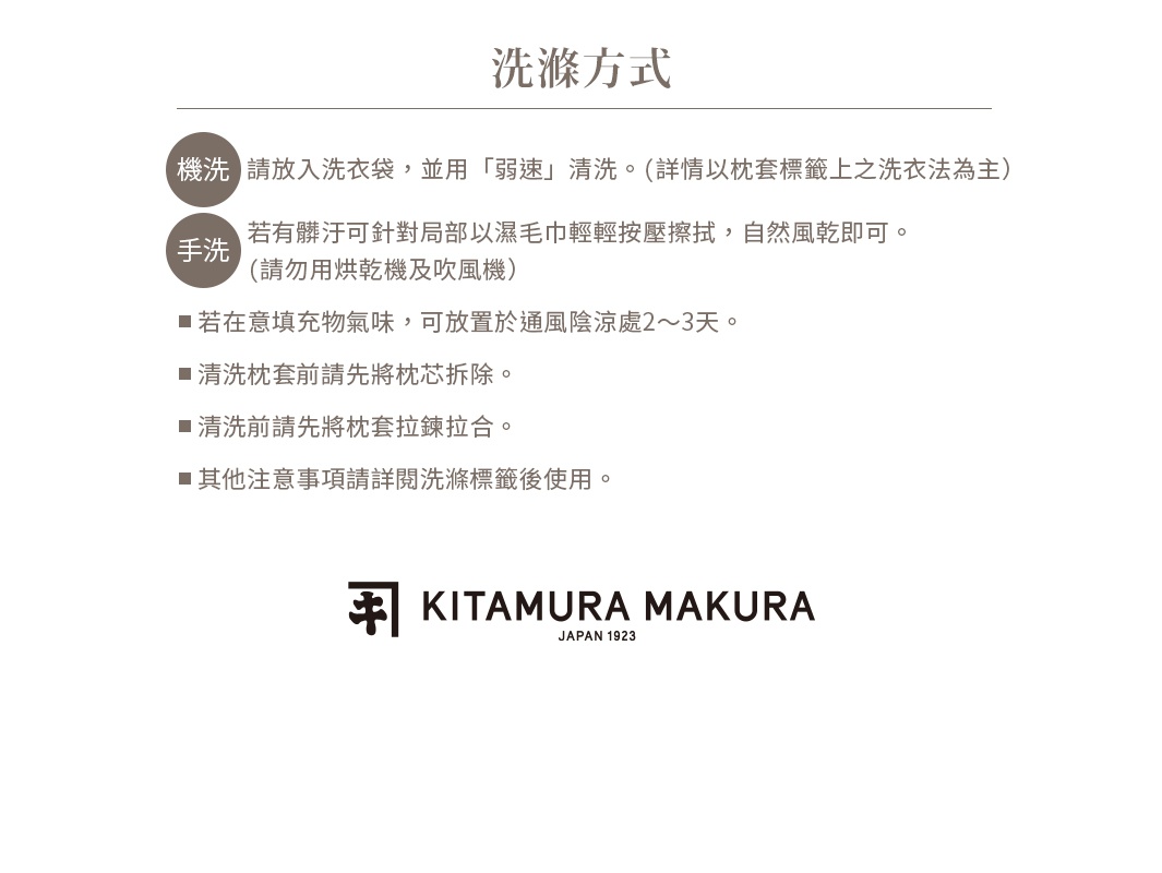 圖片文字：洗滌方式 機洗 請放入洗衣袋並用弱速清洗詳情以枕套標籤上之洗衣法為主 手洗 若有髒汙可針對局部以濕毛巾輕輕按壓擦拭自然風乾即可請勿用烘乾機及吹風機 若在意填充物氣味可放置於通風陰涼處二至三天 清洗枕套前請先將枕芯拆除 清洗前請先將枕套拉鍊拉合 其他注意事項請詳閱洗滌標籤後使用 KITAMURA MAKURA JAPAN 1923