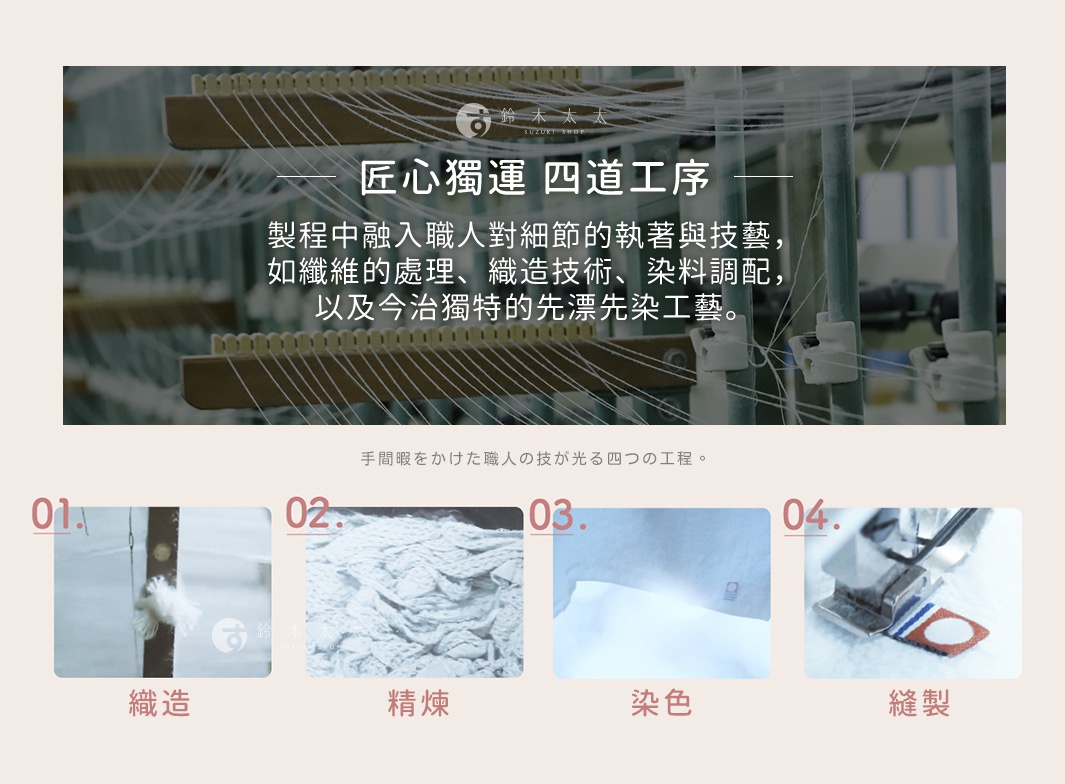 匠心獨運   四道工序

製程中融入職人對細節的執著與技藝，
如纖維的處理、織造技術、染料調配，
以及今治獨特的先漂先染工藝。

織造              精煉

染色              縫製

手間暇をかけた職人の技が光る四つの工程。
