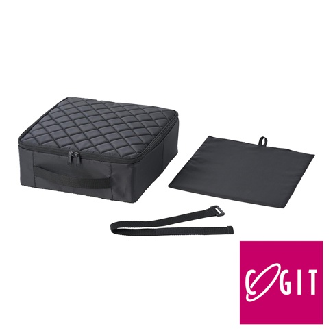 COGIT 汽車椅縫專用多功能收納盒，黑色菱格紋設計，配有提把、拉鍊、專用布墊及束帶，適合車內或居家雜物收納。