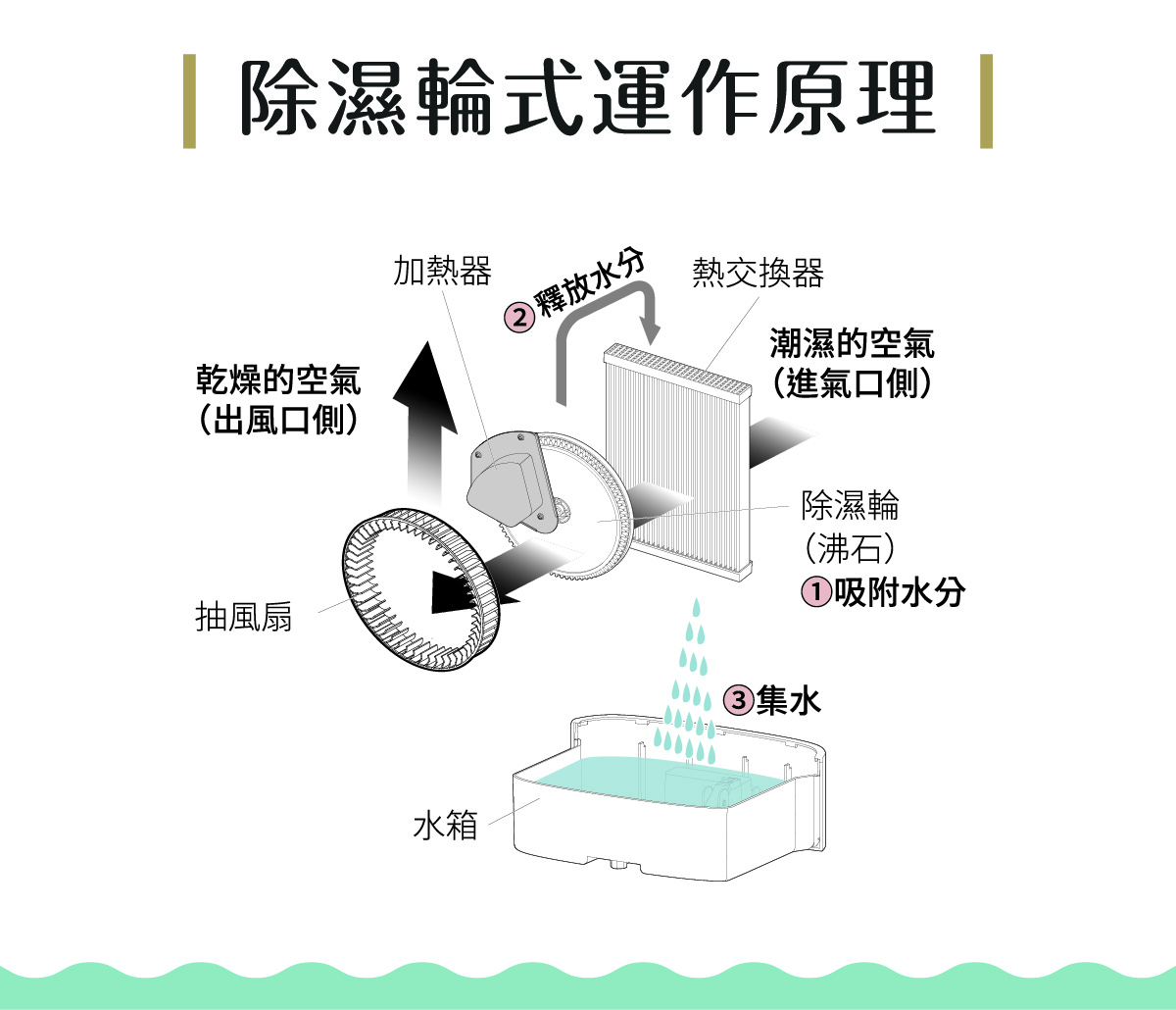 除濕機運作原理圖，展示抽風扇、加熱器、除濕輪、熱交換器、水箱及水滴，說明空氣循環與水分排除過程。