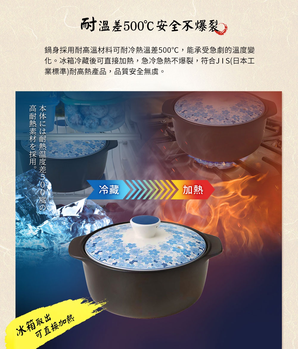 IH系列6.5號耐溫差陶土湯鍋，容量1.67L，鍋身為黑色陶土材質，鍋蓋印有藍色櫻花圖案，中央有白色和藍色的提鈕。此鍋可承受500°C的溫差。