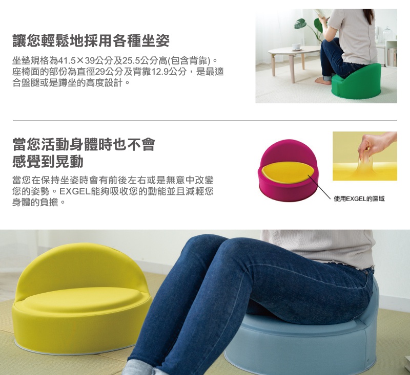 黃色圓形高坐墊，帶有弧形靠背；藍色圓形坐墊，底部為白色。