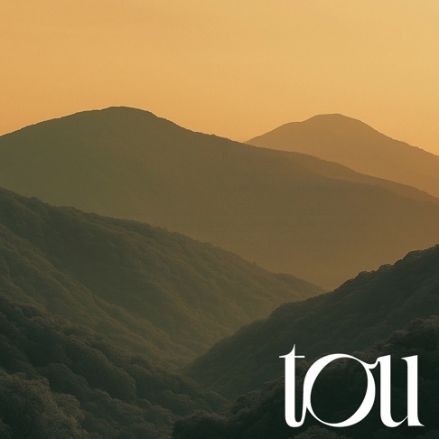 金黃色夕陽灑落在層疊交錯的遠山深谷之上，遠處山峰隱沒在柔和的暖橘色餘暉裡，下方植被茂密陰翳，畫面右下角呈現白色襯線字體的 tousetouchi 品牌標誌。