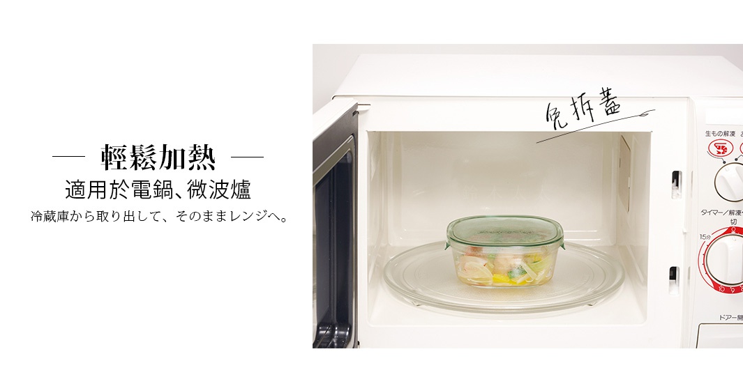 白色微波爐內，玻璃轉盤上放置著一個裝有食物的透明圓形玻璃保鮮盒，盒蓋為淺綠色，上面有黑色手寫文字「免拆蓋」。