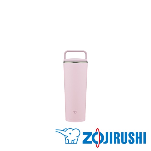粉紅色不鏽鋼一體式杯蓋隨行保溫杯，帶有隨行把手，底部有象印Logo。