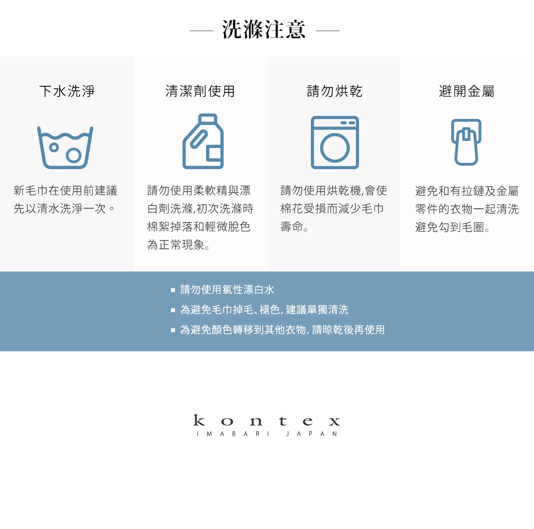 PREMIUM 今治極柔蓬鬆優雅大毛巾的洗滌注意事項，包含下水洗滌、清潔劑使用、烘乾與避開金屬的圖示與說明，以及使用氯性漂白水、避免毛巾掉毛褪色與顏色轉移的洗滌建議。