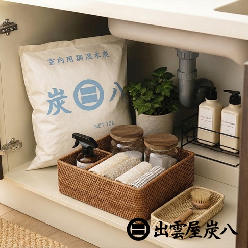放置於廚房洗手台下方收納空間的出雲屋炭八室內調濕木炭，旁側放有藤編收納籃、玻璃密封罐與洗手乳，營造出簡潔溫馨的居家收納風格，袋身清楚標示出雲屋炭八品牌與容量規格。