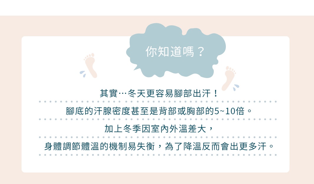 你知道嗎？

其實…冬天更容易腳部出汗！
腳底的汗腺密度甚至是背部或胸部的5~10倍。

加上冬季因室內外溫差大，
身體調節體溫的機制易失衡，為了降溫反而會出更多汗。
