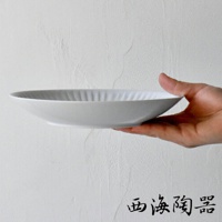 一只手托著一個淺灰色、帶有放射狀壓紋的陶瓷主食盤。