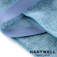 淺藍色毛巾布材質的牙刷收納袋，有深藍色織帶，白色背景。