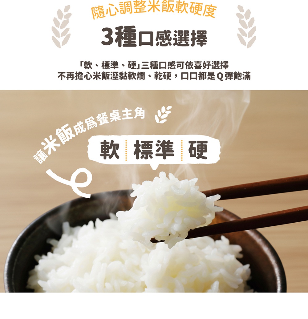 讓米飯成為餐桌主角，三種口感選擇，軟、標準、硬，不再擔心米飯溼黏軟爛、乾硬，口感都是Q彈飽滿