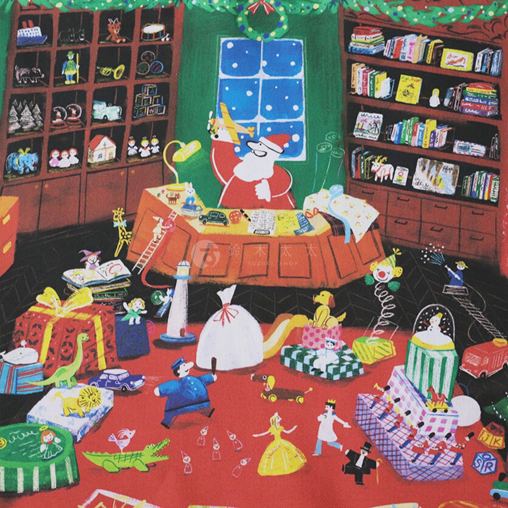 無框帆布藝術海報，描繪聖誕老人工作室場景。畫面以紅色為主調，有綠色窗戶、書架、玩具、禮物盒、聖誕老人、小精靈、玩具士兵等。