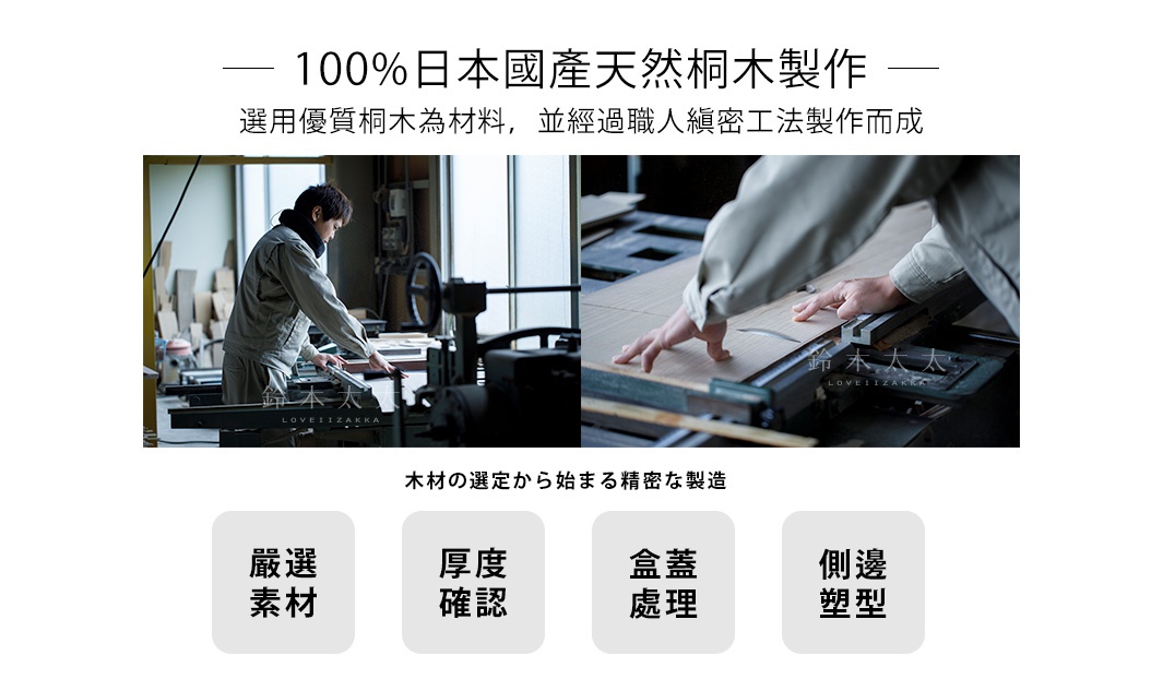 -100%日本國產天然桐木製作-
選用優質桐木為材料，並經過職人縝密工法製作而成
木材の選定から始まる精密な製造

嚴選
素材

厚度確認

盒蓋處理

側邊塑型
